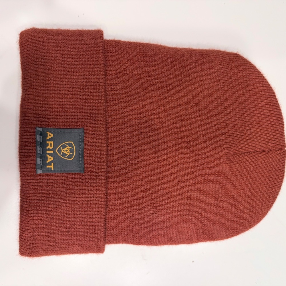 Ariat Knit Beanie Rust Orange Cuffed Logo Patch Acrylic Winter Hat Made in‎ USA